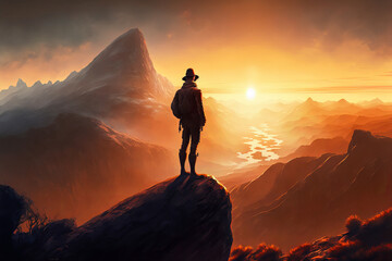 Obraz premium A silhouette contemplating a magnificent sunset on the summits. Autonomy and sense of accomplishment evoked by this realistic and colorful painting. Generative AI