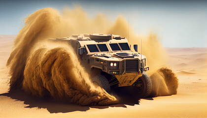 Army SUV offroading in sund desert - obrazy, fototapety, plakaty