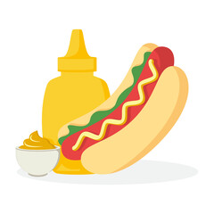 Hot dog or fast food flat style icon. Mustard Bottle  illustration.