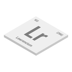 Lawrencium, Lr, gray 3D isometric illustration of periodic table element with name, symbol, atomic number and weight. Synthetic radioactive element with potential uses in scientific research and