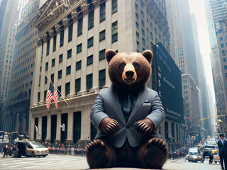 A Bear Sitting on a Ledge on Wall Street Wearing a Suit, Generative AI
