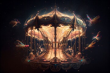 Fantasy Magical Carousel Most Amazing Intricate Carousel In The World Fairy Lights Tiny Pixies Flying In The Air. Generative AI