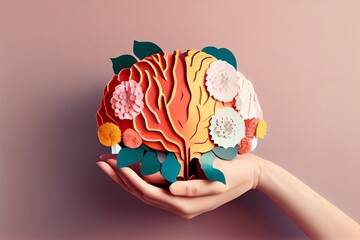 Hands Holding Paper Head. Human Brain With Flowers. Self Care And Mental Health Concept. Positive Thinking. Creative Mind. Used For Brain. Generative AI