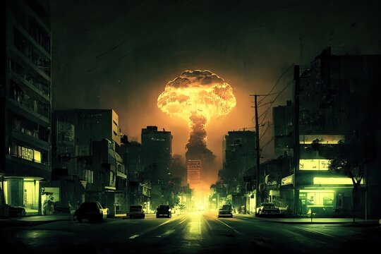 explosion nucl&eacute;aire d'une bombe atomique avec champignon de fum&eacute;e sur une ville de nuit