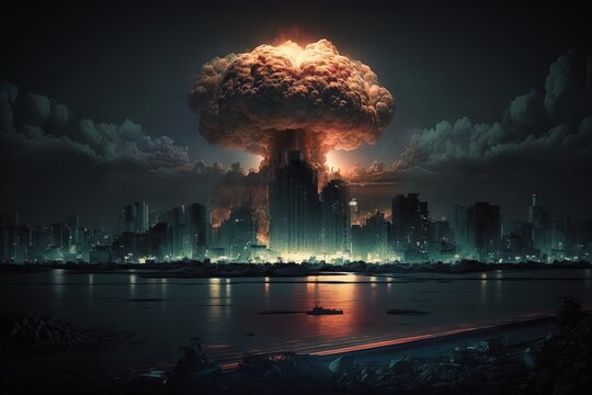 explosion nucl&eacute;aire d'une bombe atomique avec champignon de fum&eacute;e sur une ville de nuit