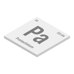 Protactinium, Pa, gray 3D isometric illustration of periodic table element with name, symbol, atomic number and weight. Synthetic radioactive element with potential uses in scientific research and