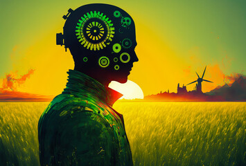 Sublime sunrise and symbolic gearing for a surrealist style. A person stands in front of a green field colored with orange, yellow and green. Generative AI