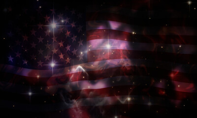 Abstract dark black background with space stars and clouds night sky and American flag blowing on wind.
