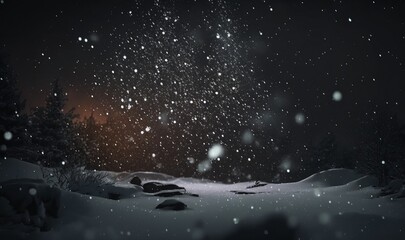 Landscape of snowflakes in the dark. Generative ai.