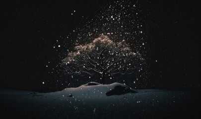 Landscape of snowflakes in the dark. Generative ai.