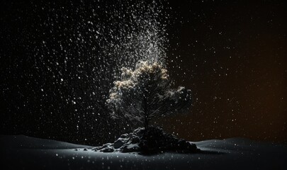 Landscape of snowflakes in the dark. Generative ai.