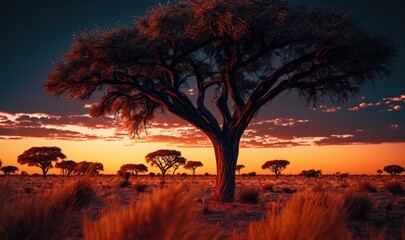 Sunset in the African savannah. Generative ai