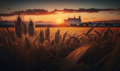 Sunset in a wheat field. Generative ai