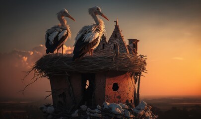 Adorable Storks Nesting: Witness the Beauty of Nature's Parenting. Generative ai