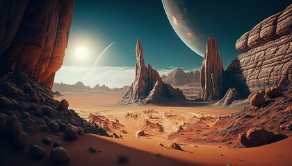 Majestic landscape of an alien planet. Use as a Game background. Generative Ai.
