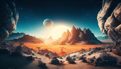 Majestic landscape of an alien planet. Use as a Game background. Generative Ai.