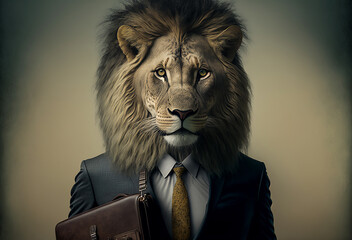 A portrait of a lion-headed person wearing a business suit and carrying a briefcase. Surrealist aesthetics, subtle colors for a unique visual rendering. Generative AI