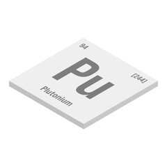 Plutonium, Pu, gray 3D isometric illustration of periodic table element with name, symbol, atomic number and weight. Synthetic radioactive element with potential uses in scientific research and