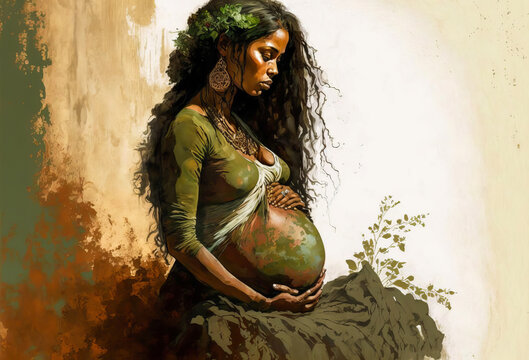 An intimate realistic image showing a pregnant woman and surrounded by earth tones and elements of nature, offering an emotion of peace and connection. Generative AI