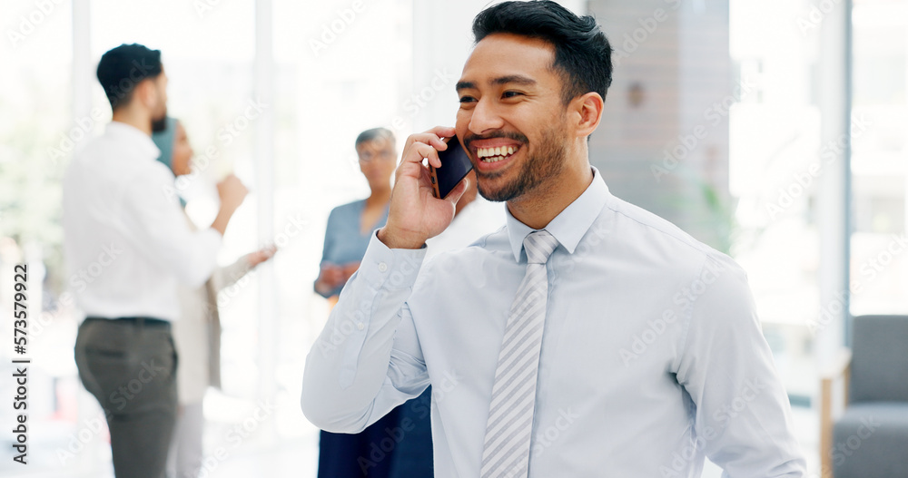 Poster businessman, communication and phone call with mobile networking at financial advisory startup compa