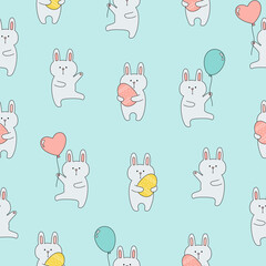 Seamless pattern with cute bunnies with balloons and easter eggs on blue background. Template for baby design.