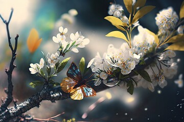 A butterfly sits on a tree that begins to bloom with white flowers. Spring is coming. Generative AI