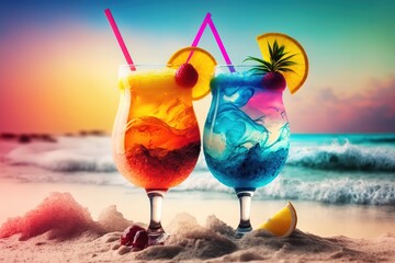 Two glasses with refreshing fruity cocktails in a relaxing sunset on a tropical beach. Ai generated - obrazy, fototapety, plakaty