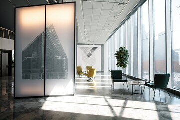 A modern office interior featuring an expansive window, ergonomic seating, and professional architecture design. Ai generated