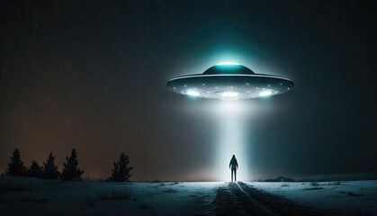 Fototapeta na wymiar UFO alien abduction. Flying saucer spaceship from outer space. AI generative