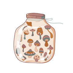 Magic mushrooms in a bottle. Psychedelic hallucination. vector illustration. 60s hippie. clipart. vector illustration