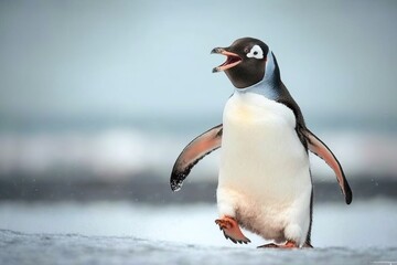 A close-up of a majestic King Penguin in the snow, its beak standing out against the cold winter wildlife.