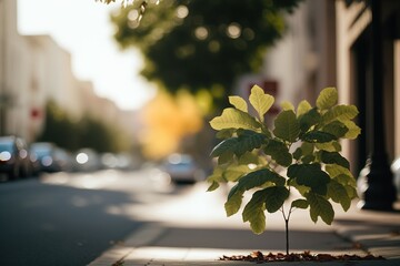 A new tree has germinated in the hard street of a city. Ai generated