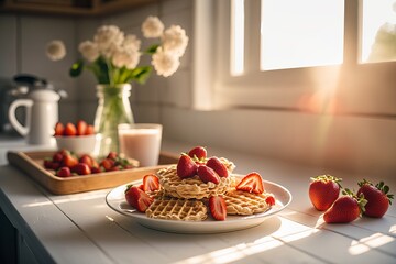 waffles and strawberries on a white plate - obrazy, fototapety, plakaty