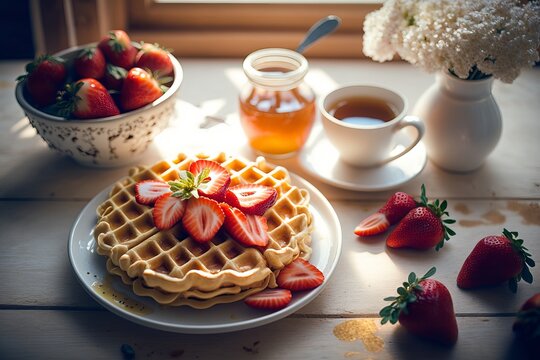 waffles and strawberries on a white plate