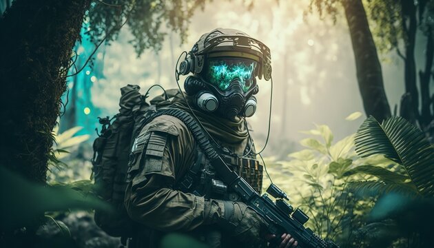 Soldier in alien planet jungle. Armed guy in the wild and soldier in the jungle of an extraterrestrial world. Generative Ai.