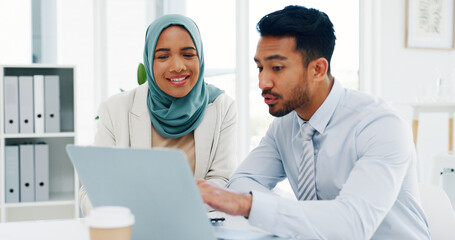 Research, diversity or business people on laptop in office for marketing strategy, web SEO growth...