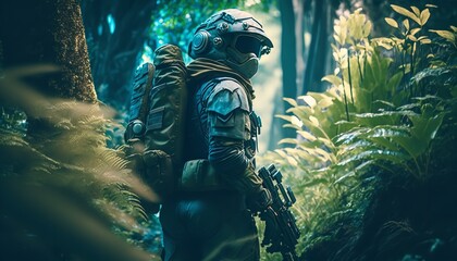 Soldier in alien planet jungle. Armed guy in the wild and soldier in the jungle of an extraterrestrial world. Generative Ai.