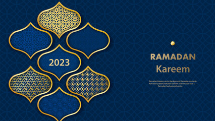 Ramadan Kareem poster. Islamic postcard, poster, banner template. Modern design with geometric pattern and traditional patterns in blue, gold, purple. Vector