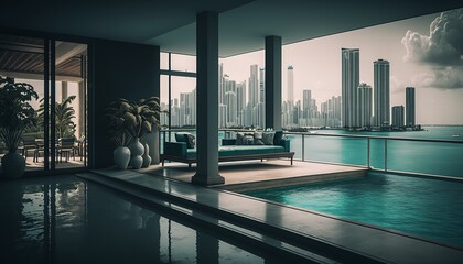 Stunning luxury rooftop terrace with a pool and a view of Miami. Generative Ai.