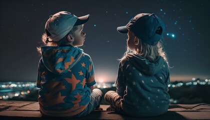 Two kids sitting in roof watching stars and moon in magical night. Generative Ai. - obrazy, fototapety, plakaty
