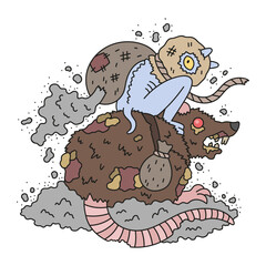 Obraz premium Evil little spirit of dust. Cute blue demon of dirty house. Vermin devil riding a big scary rat. Funny magical poster for kids. Cartoon vector illustration. Isolated on white