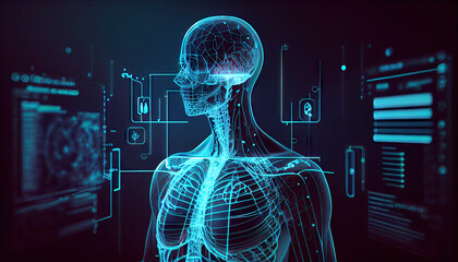 Digital screen with the projection of a human body hologram with different parameters and data. Generative AI