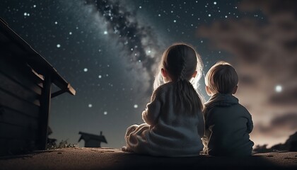 Two kids sitting in roof watching stars and moon in magical night. Generative Ai.