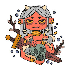 Cute smiling devil girl with little horns. Demon warrior woman with dead head. Smiling monster with orange skin. Cartoon portrait. Funny vector avatar illustration