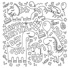Happy birthday card with dinosaurs. Black and white illustration for coloring book. Vector art