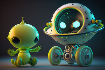 Fototapeta premium Green little alien and UFO baby stroller in the form of a flying saucer on wheels. Fantastic toy character for little UFO lovers. Two different aliens. Generative Ai.