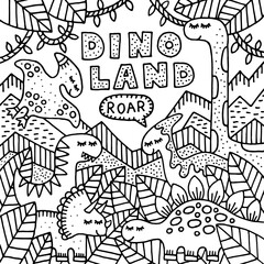 Coloring page with dinosaurs for kids. Black and white outline illustration. Catoon vector art