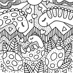 Little newborn dinosaur. Baby dino with parents. Coloring page for kids. Cartoon vector illustration. Hand drawn style