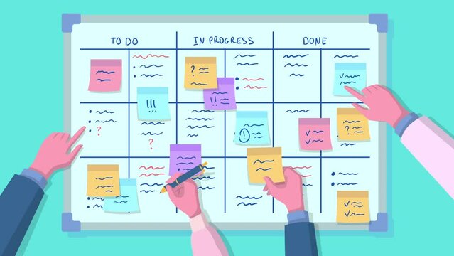 Cartoon Color Planning Board Concept Flat Design Style. Animation Effect Illustration of Whiteboard with Table and Notes Sticky