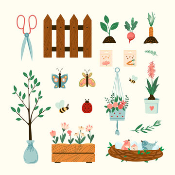 Spring home gardening illustrations set. Vector plants, flowers and birds nest seasonal flat style collection Isolated